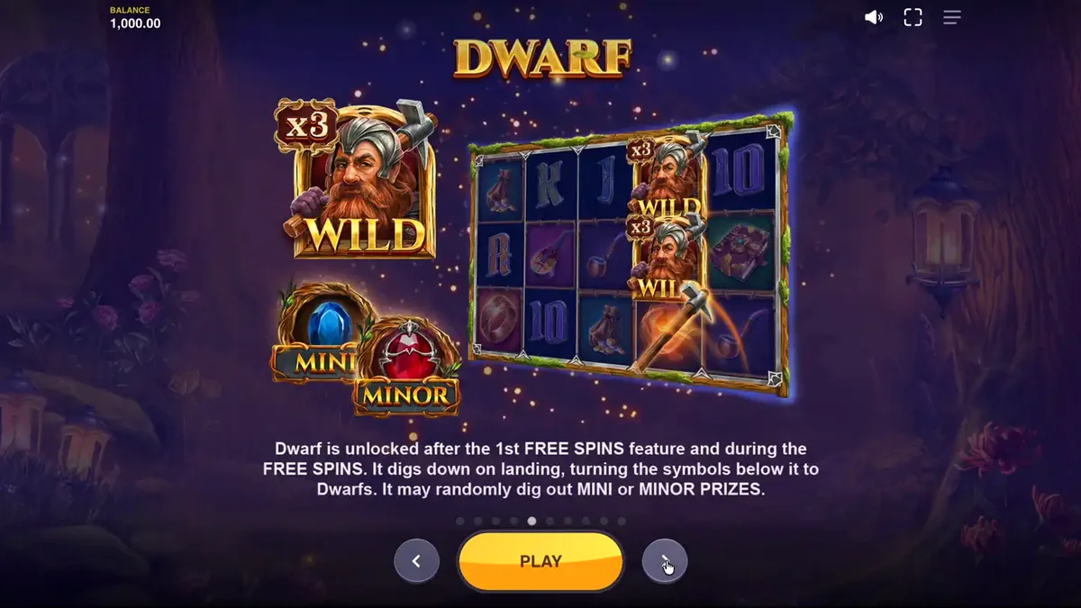 Pemandangan hutan mistis dengan karakter pahlawan dalam slot Land of Riches